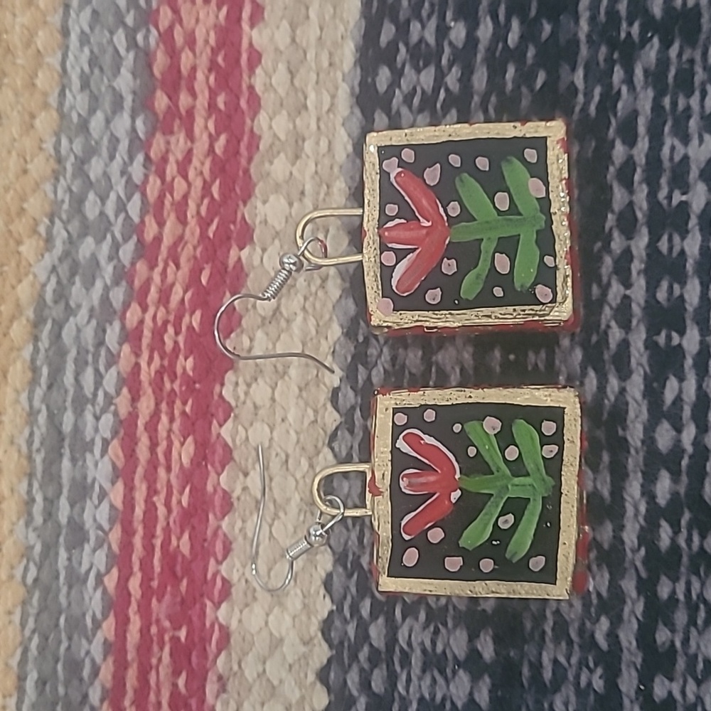 Playful Floral Red and Green Earrings with Silver Hooks